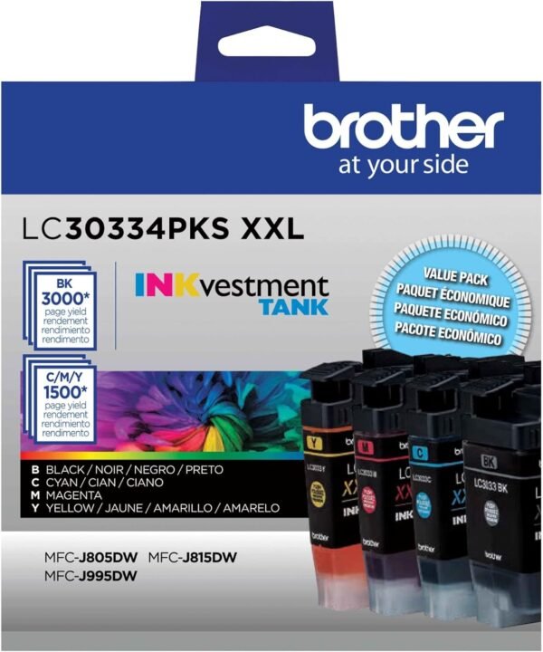 Brother LC3033 Genuine High-Yield Multi-Pack Ink, Black/Cyan/Magenta/Yellow, Pack Of 4 Cartridges, LC30334PKS