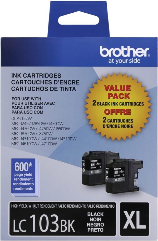 Brother LC103 High-Yield Black Ink Cartridges, Pack Of 2, LC1032PKS